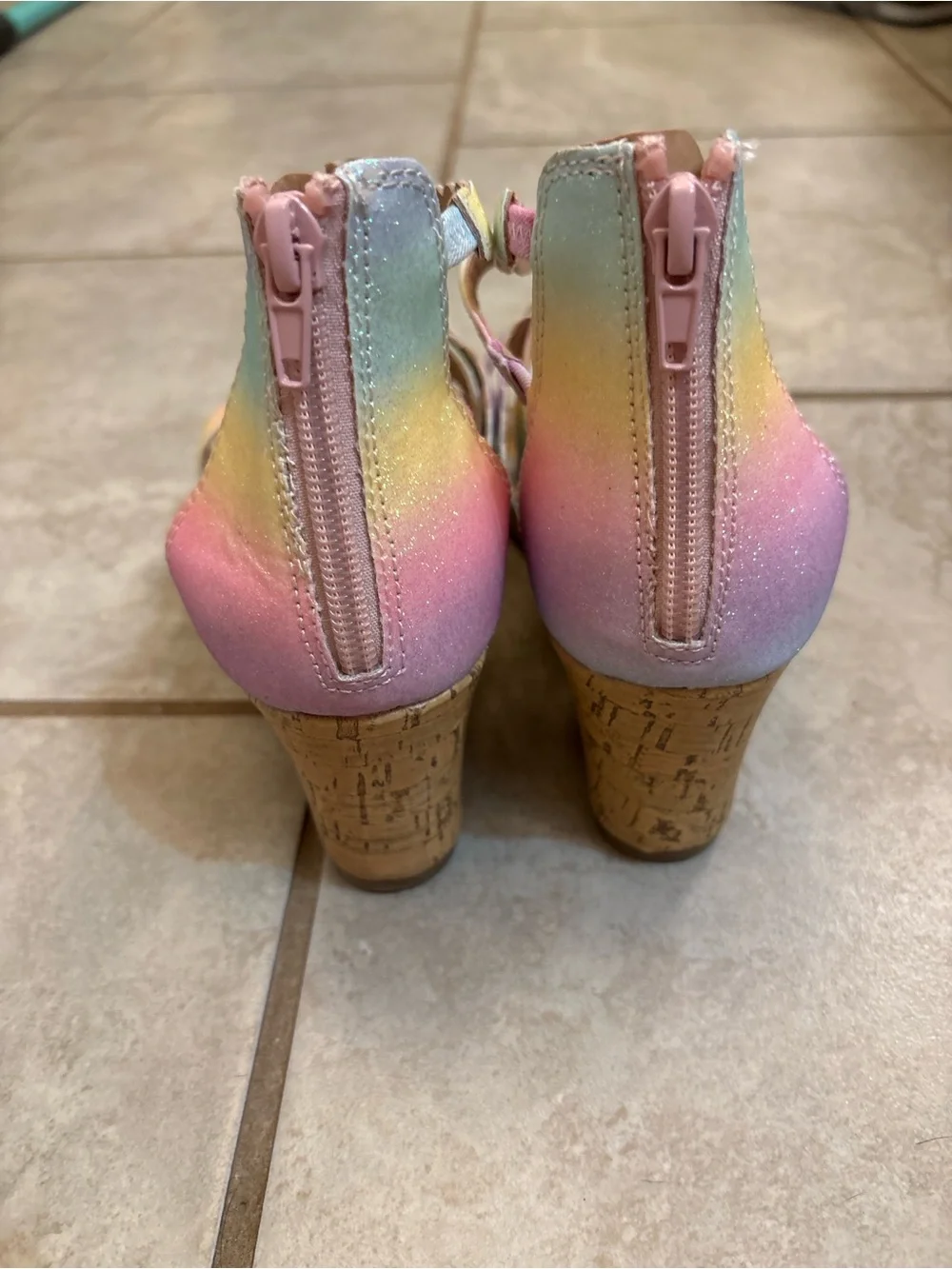 Dream Paris Girls Size 4 Rainbow Glitter Cork Wedge Sandals Pastel Dress Shoe
